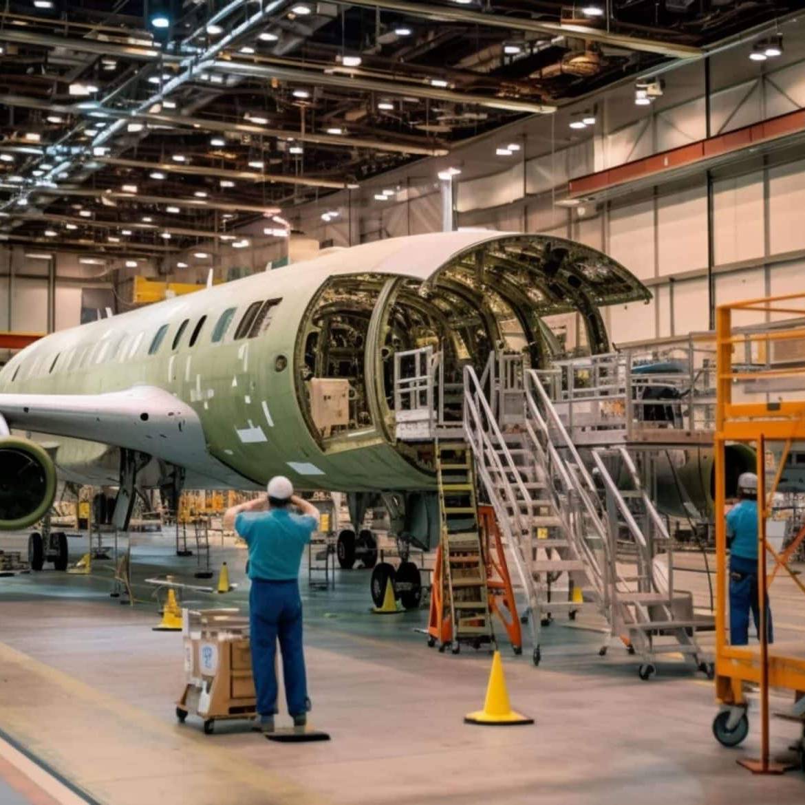 Technician inspecting aircraft parts in an aeronautical workshop equipped with an RFID traceability solution.