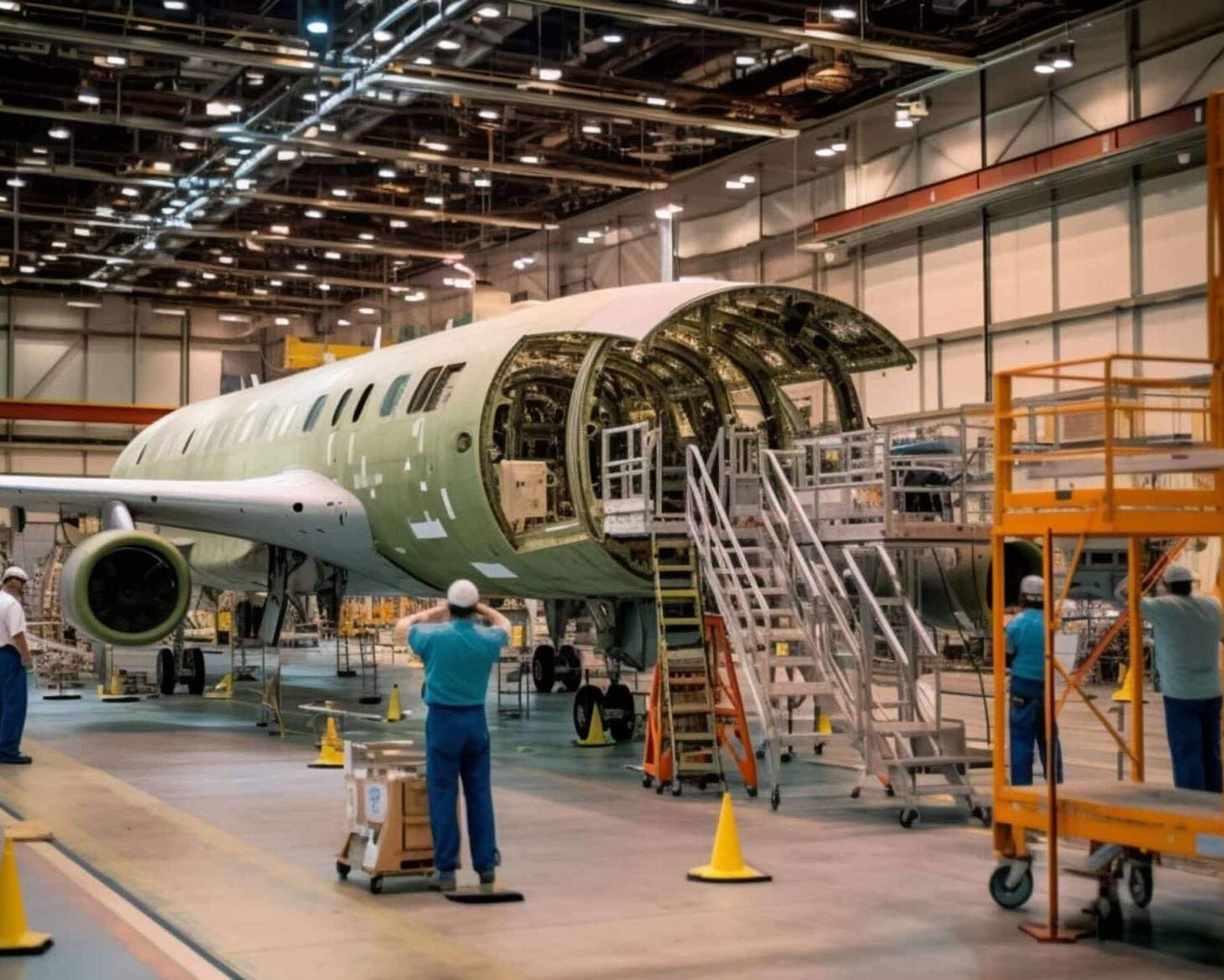 Technician inspecting aircraft parts in an aeronautical workshop equipped with an RFID traceability solution.