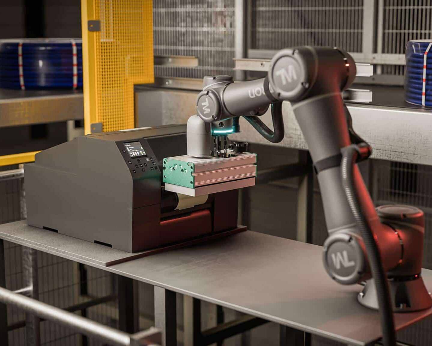 Industrial robot printing labels on a production line, integrated into the plant information system