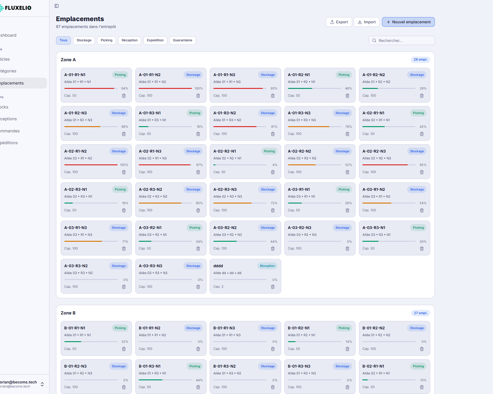 Interface Fluxelio de gestion des emplacements d’entrepôt avec zones, capacités et statuts de stockage