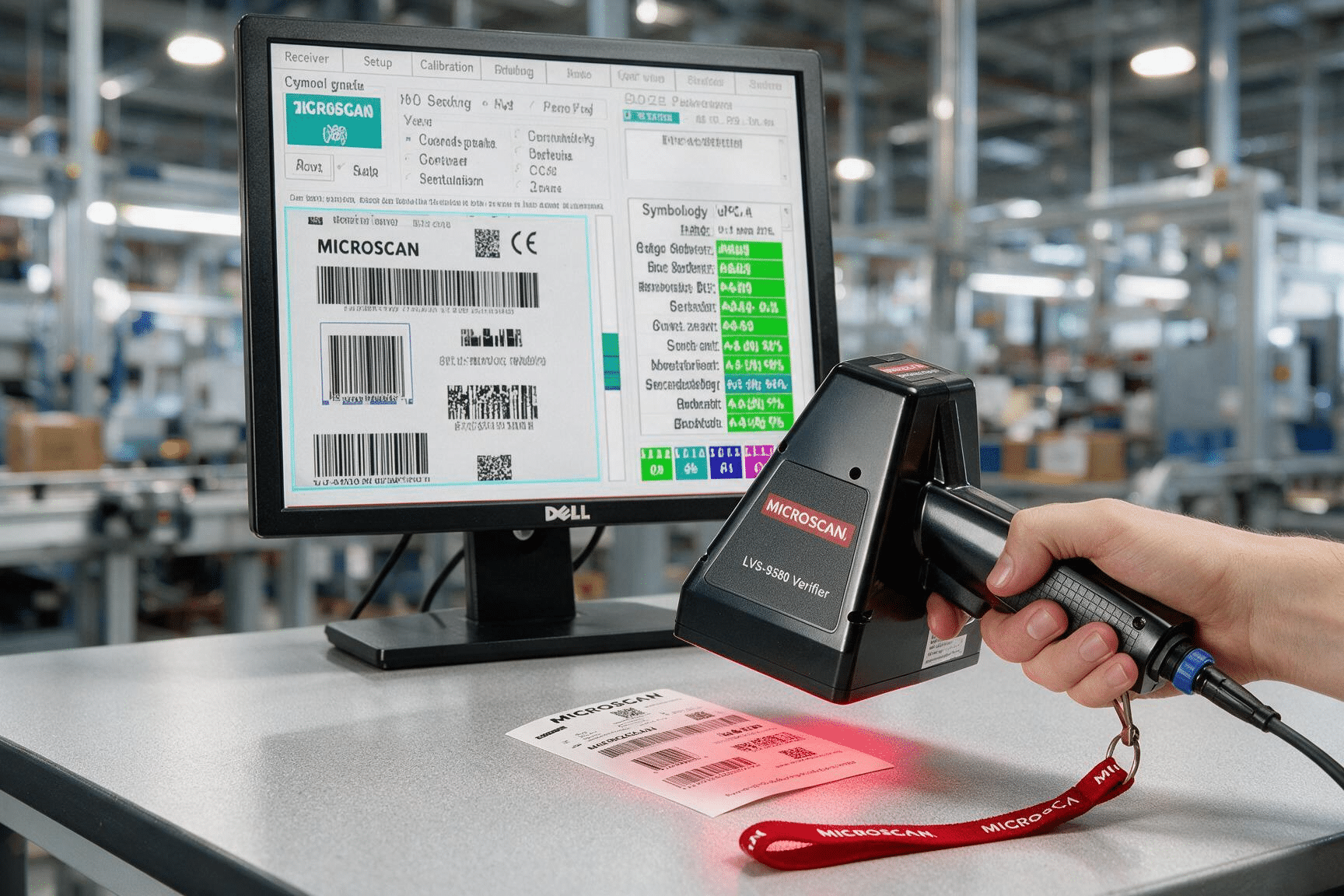 An operator using an OMRON LVS 9510 barcode verifier to check the quality of a barcode on a production line.