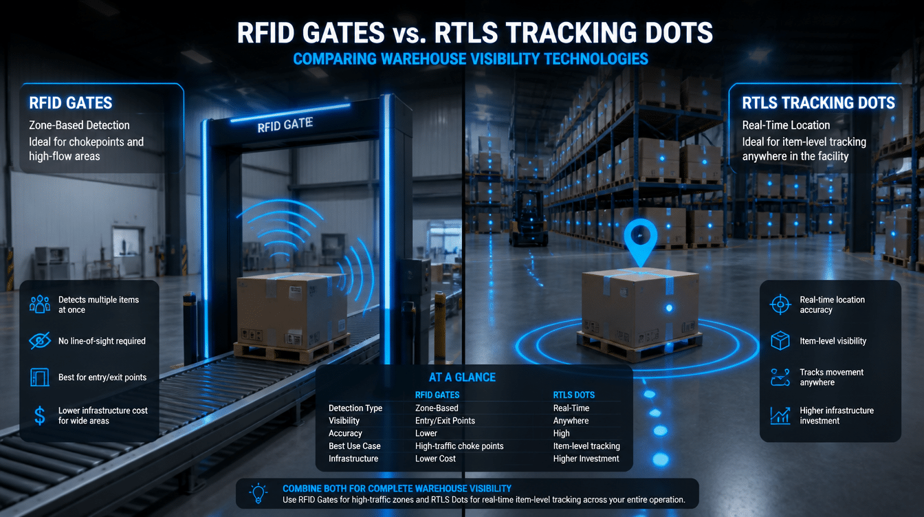 Comparison between an RFID gantry that detects a pallet as it passes through and an RTLS system that tracks its location in a warehouse