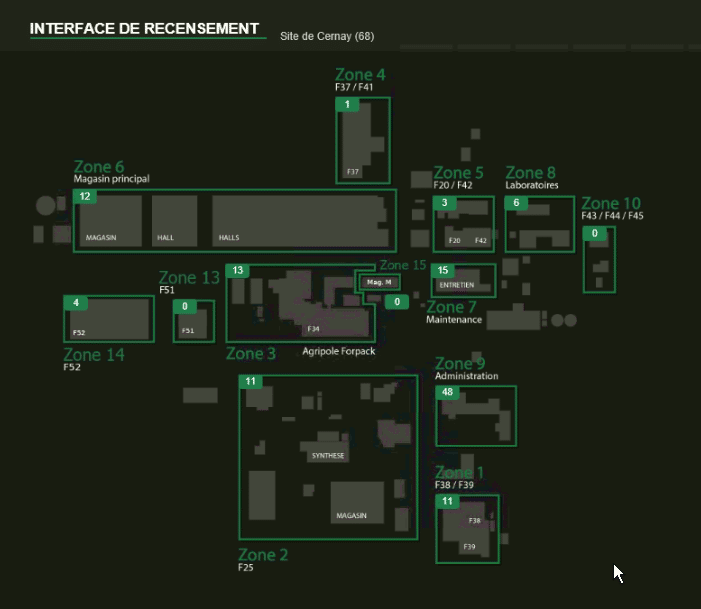 Interface cartographique affichant le nombre de personnes présentes dans les différentes zones d’un site industriel