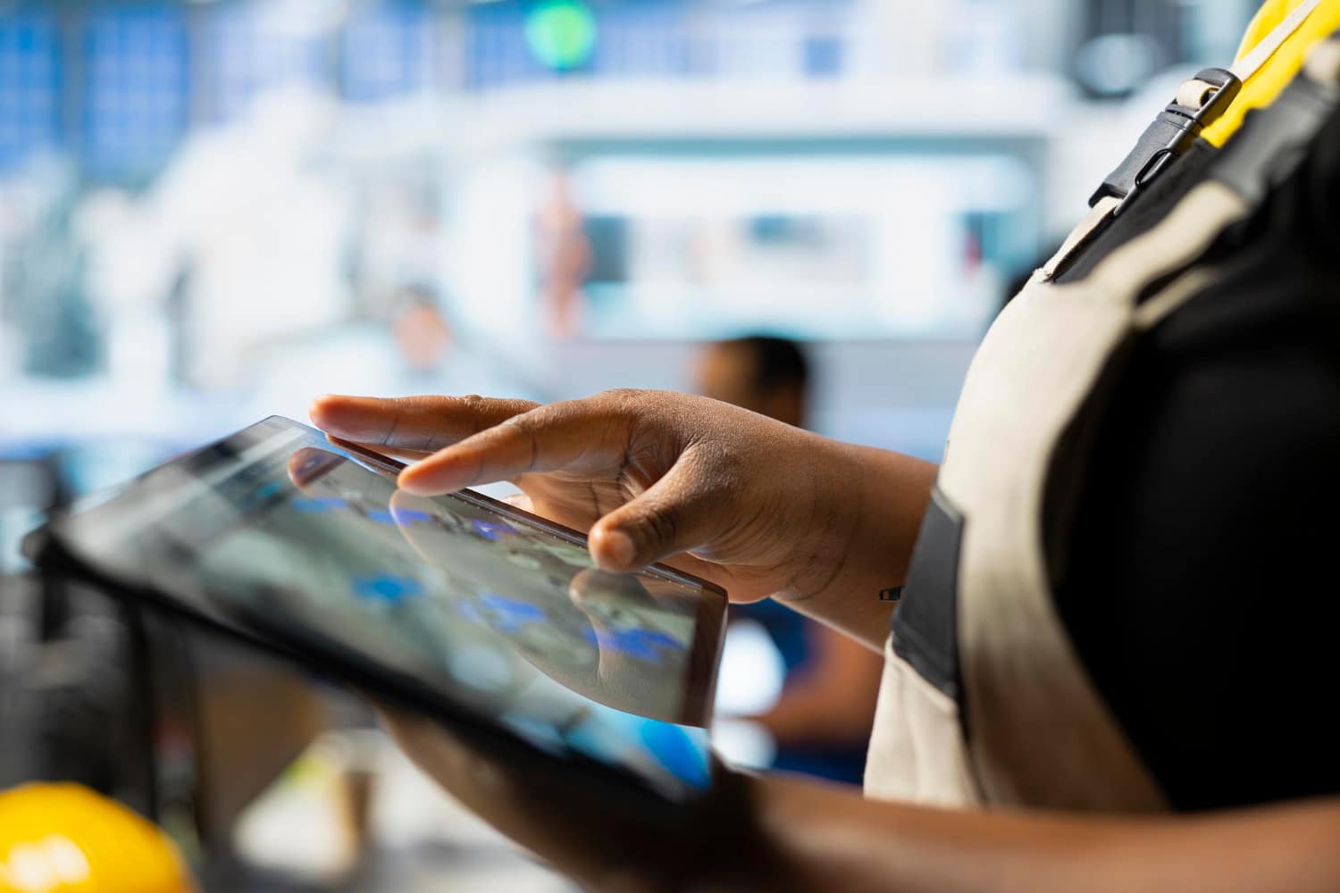Opérateur consultant une application de suivi des actifs industriels sur une tablette